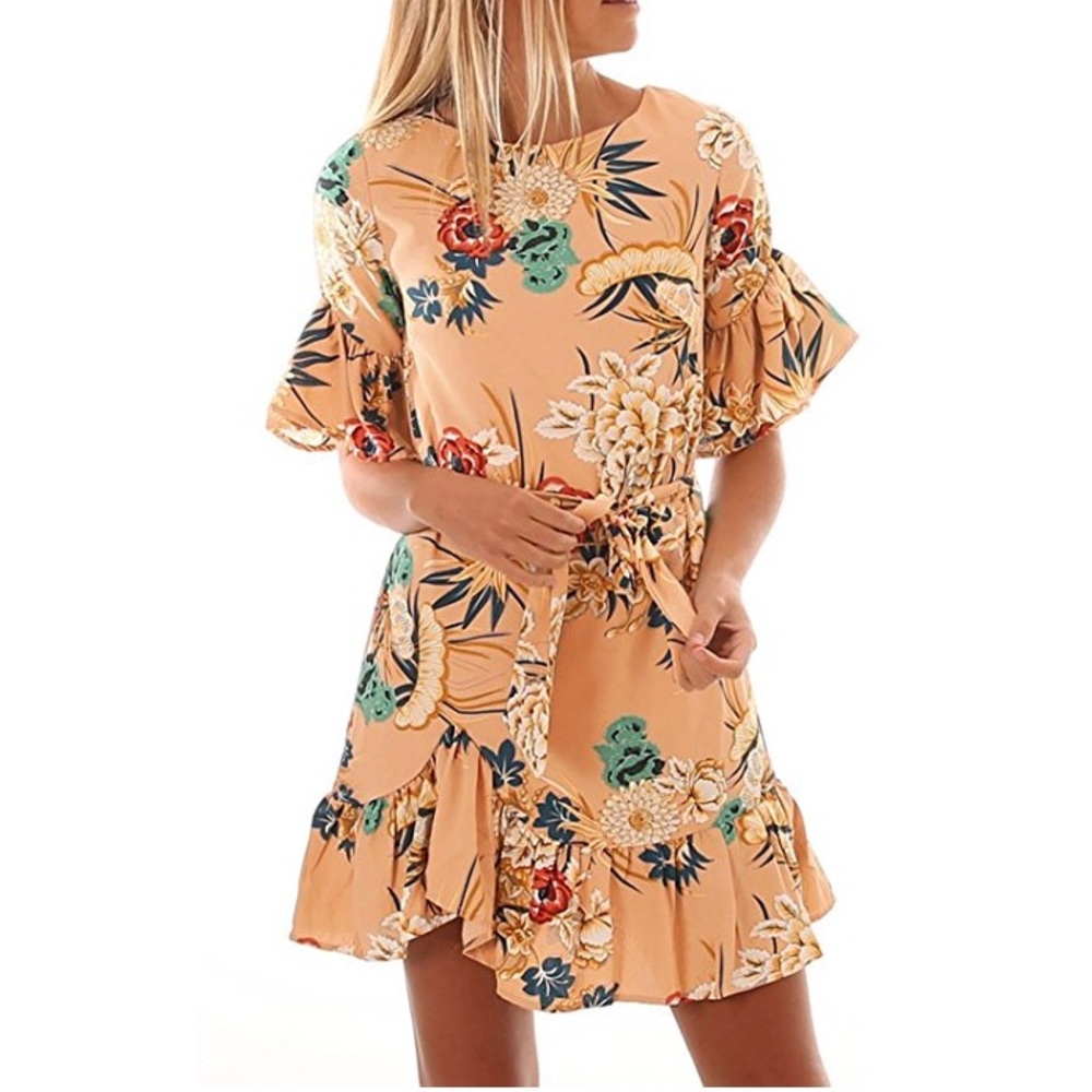 Women's Floral Pattern Ruffle Hem Chiffon Dress M